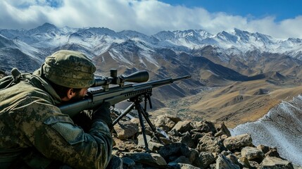 Fototapeta premium Soldier aiming rifle at snowy mountain range