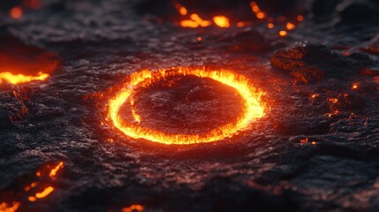 Fiery ring of lava in volcanic landscape.