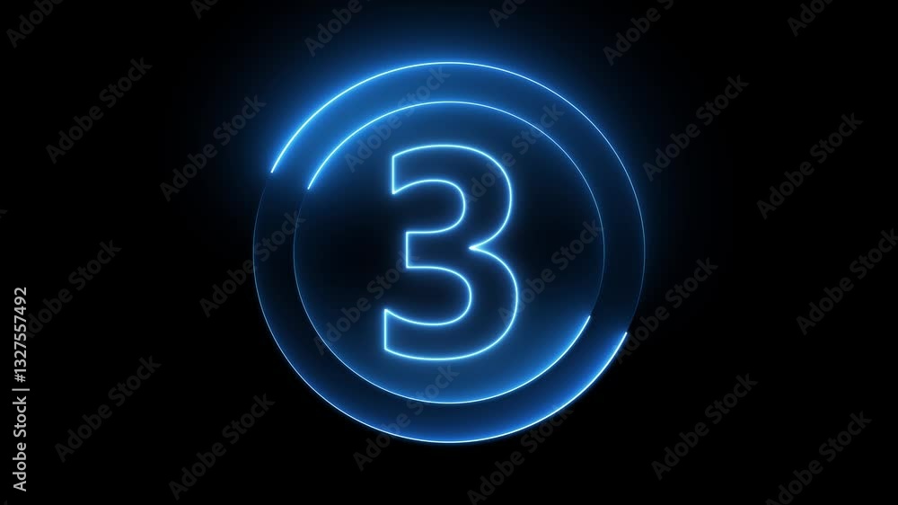 Poster neon bright glowing countdown timer from 0 to 3 seconds.