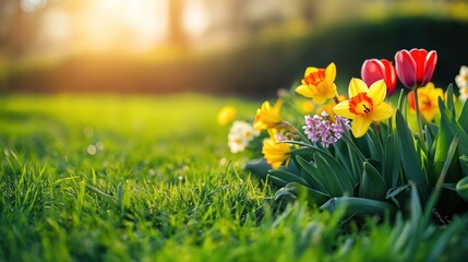 Fototapeta premium Vibrant spring flowers in a garden at sunset.