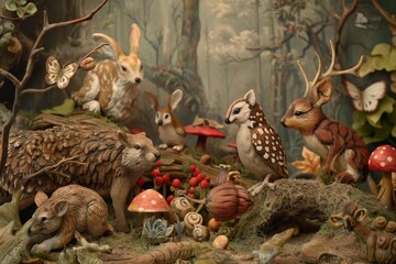 Obraz premium Scenic woodland with sculpted animals admiring a topaz stone in lush forest, A whimsical scene of woodland creatures preparing for hibernation