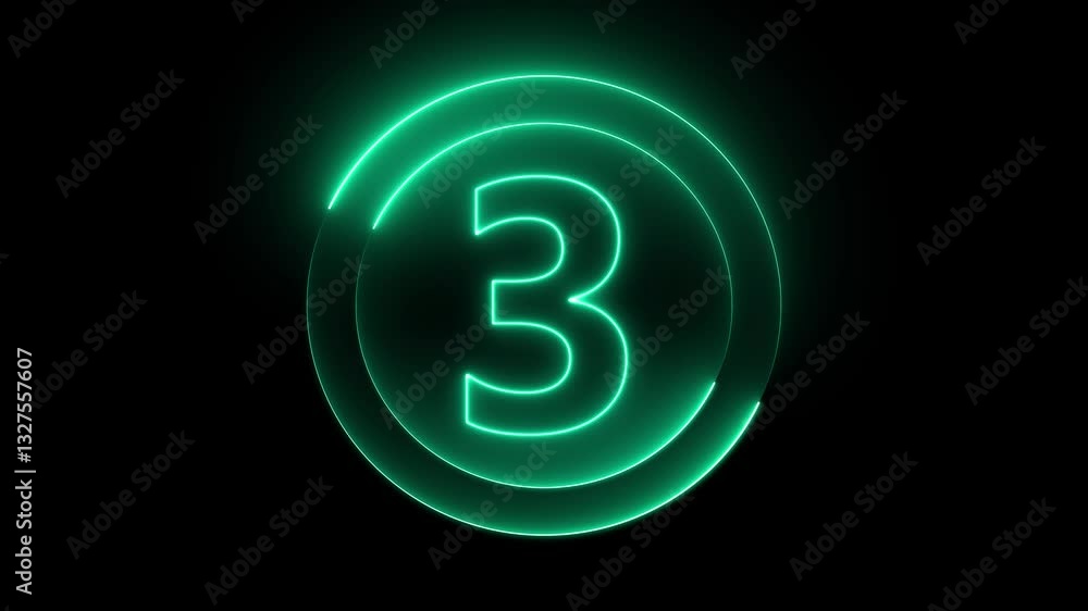 Poster neon bright glowing countdown timer from 0 to 3 seconds.