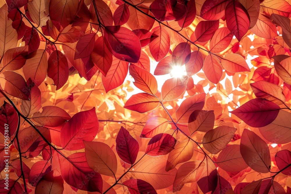 Aufkleber sunlight filters through a canopy of red and gold leaves, creating a warm and inviting scene, sunlig