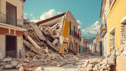 Collapsed buildings and rubble on a city street after a devastating earthquake.