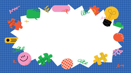 A bright children's background with an empty white space and puzzles, speech bubbles and various shapes around it. Layout for ads, announcements, and notifications.