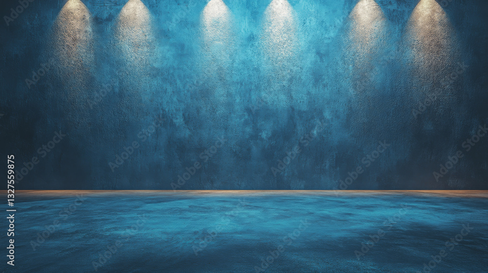 Poster a minimalistic blue background with soft built-in lighting and a smooth floor, offering a versatile 