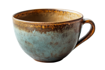 Ceramic cup with a rustic finish on a transparent background