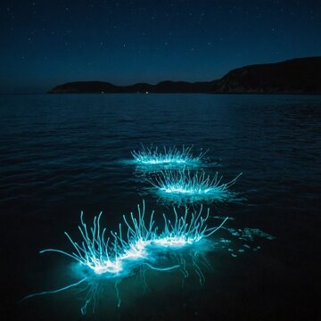 Professional photo of bioluminescence, glowing sea in the dark, freaks of nature. Atmospheric moment
