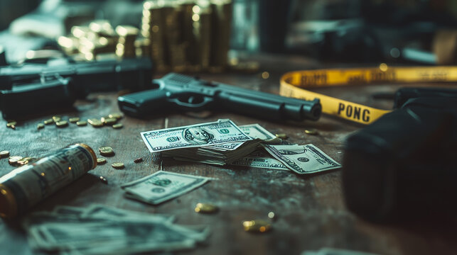 Militia surround crime scene, dangerous item weapon, explosives and money bag flat vector illustration. Police force tape unhooked place offence, design bad fault, evidentiary material gun cash rifle.