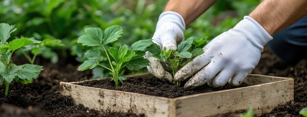 Fototapeta premium Gardener is hand-picking young strawberry plants from soil, placing them in a wooden box. Bright green leaves show healthy growth