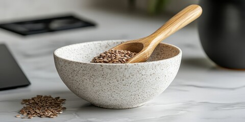A minimalistic bowl filled with flaxseeds, accompanied by a wooden scoop, placed on a marble surface