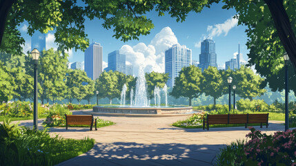 City park illustration with fountain, trees, benches, footpath, and lamp posts. Urban landscape with public garden, recreation area, city skyline background vector illustration.