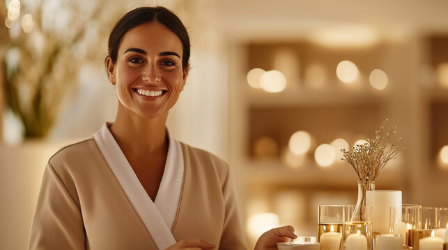 Spa Receptionist Welcoming Guest with Herbal Teas in Luxurious Lobby