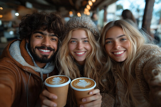 Photo d&rsquo;un groupe mixte d&rsquo;amis souriants partageant un caf&eacute; en terrasse, illustrant la diversit&eacute;, la joie de vivre et la spontan&eacute;it&eacute; dans un cadre moderne et chaleureux