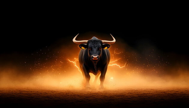 Powerful bull in a dramatic arena