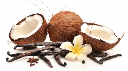 coconut and vanilla on white background