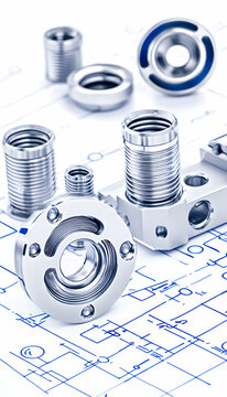 Precision metal components arranged on engineering blueprints