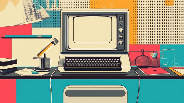 An artistic illustration depicts a retro style computer workstation setting