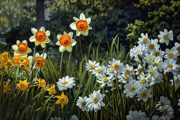 Fototapeta premium A tapestry of vibrant daisies and daffodils in full bloom, showcasing the beauty of spring in a sunny meadow, a tapestry of daisies and daffodils in full bloom