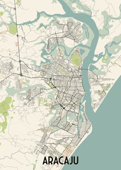 Obraz premium This is a detailed map of Aracaju, a city in Brazil. The map features a beige background with black lines representing streets and roads. The city is situated on a peninsula.