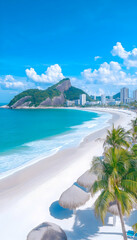 Naklejka premium Pristine beach scene with turquoise water and a mountain backdrop