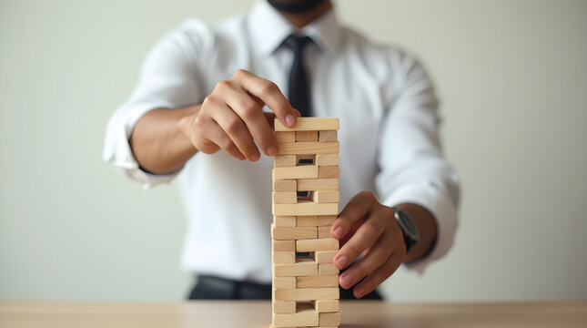Strategic Businessman Playing Jenga Tower Game for Strategy and Risk Management