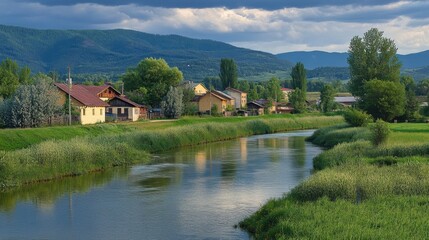 Obraz premium Serene River Landscape Surrounded by Greenery and Mountains