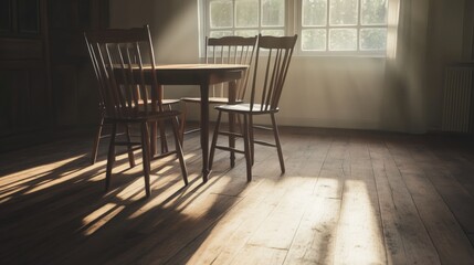 Naklejka premium Sunlit room with antique wooden table and chairs.