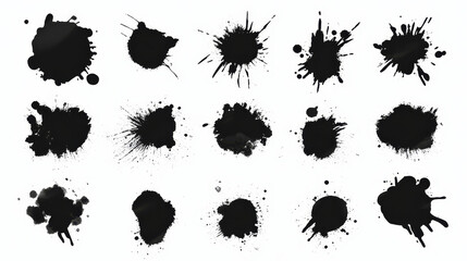Vector set of ink splashes blots splatter collection grunge design element and art messy backdrop color dirty liquid shape spatter black white silhouette illustration