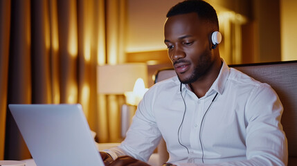 Obraz premium Business traveler in hotel room on videoconference using laptop and planner