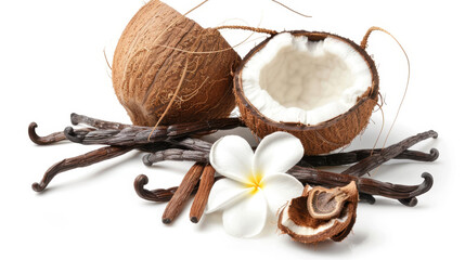 coconut and vanilla on white background