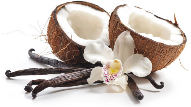 coconut and vanilla on white background