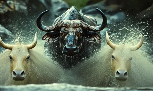 Three water buffaloes splashing through a river, surrounded by rocky terrain and greenery