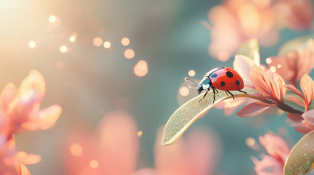 A stunning macro shot capturing the beauty of nature, featuring a delicate ladybug perched on a leaf against a softly blurred background
