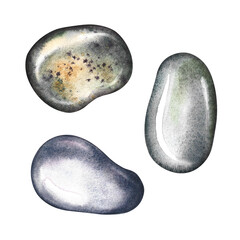 A set with sea stones. A hand-drawn watercolor illustration. Color images of clip art of beach pebbles. Separate from the background. Perfect for packaging, labels, postcards, invitations and more.