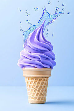 Purple ice cream cone with water splash