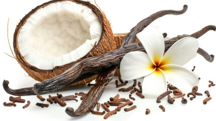 coconut and vanilla on white background