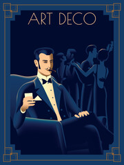 Gentleman in a chair in a suit in the style of the early 20th century. Invitation card for a retro party. Handmade drawing vector illustration. Art Deco style.