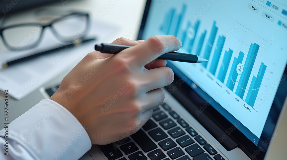 Poster business financial data analysis bar chart on laptop screen - hand pointing at graph in office with 