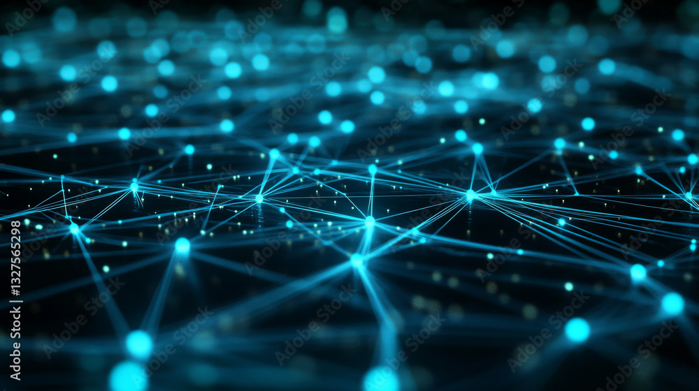 Poster a visually striking 3d-rendered network of glowing turquoise lines against a dark background, symbol