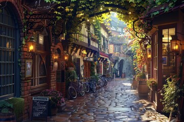 Naklejka premium A narrow cobblestone alleyway lined with charming shops and cafes, bathed in warm sunlight, Draw a cozy, cobblestone alleyway lined with quaint shops and cafes