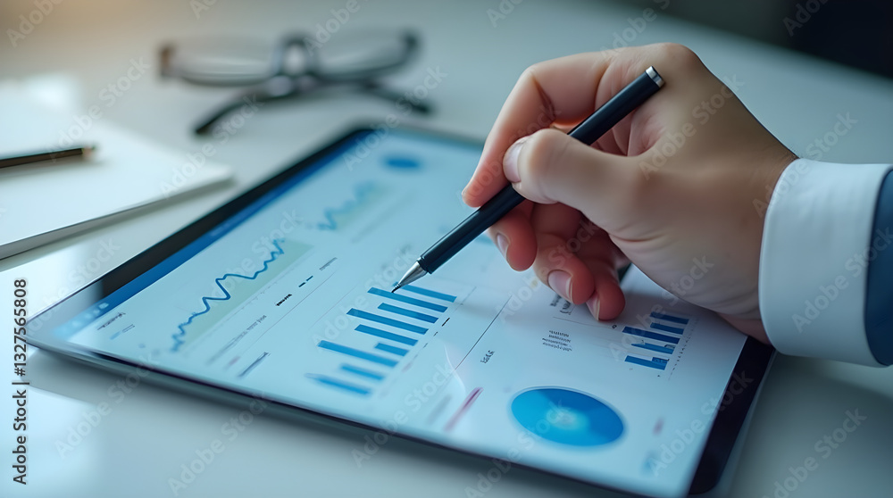 Poster business data analysis on tablet with stylus, reviewing charts and graphs