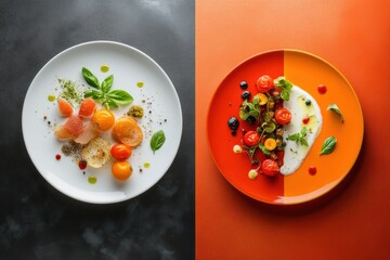 Culinary transformation from fresh ingredients to gourmet dish in Saint Petersburg with vibrant colors and warm lighting Generative AI