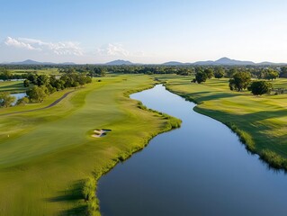 A serene aerial view captures the essence of golf course ecological design, featuring wildlife-friendly landscapes and clear water hazards.
