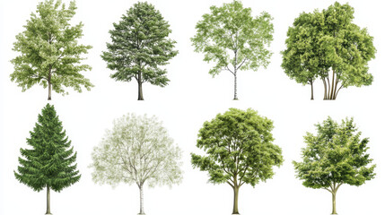 Tree types vector green forest pine treetops collection of birch, cedar and acacia or realistic greenery garden with palm and sakura illustration isolated on white background