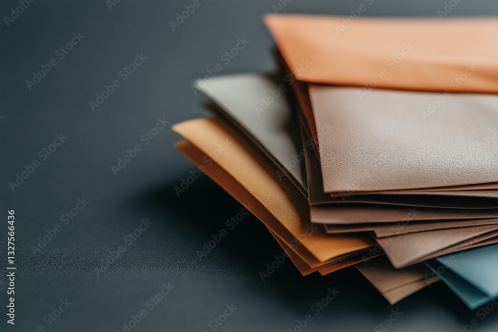 Poster colorful stack of envelopes arranged neatly on a dark surface in a well-lit space