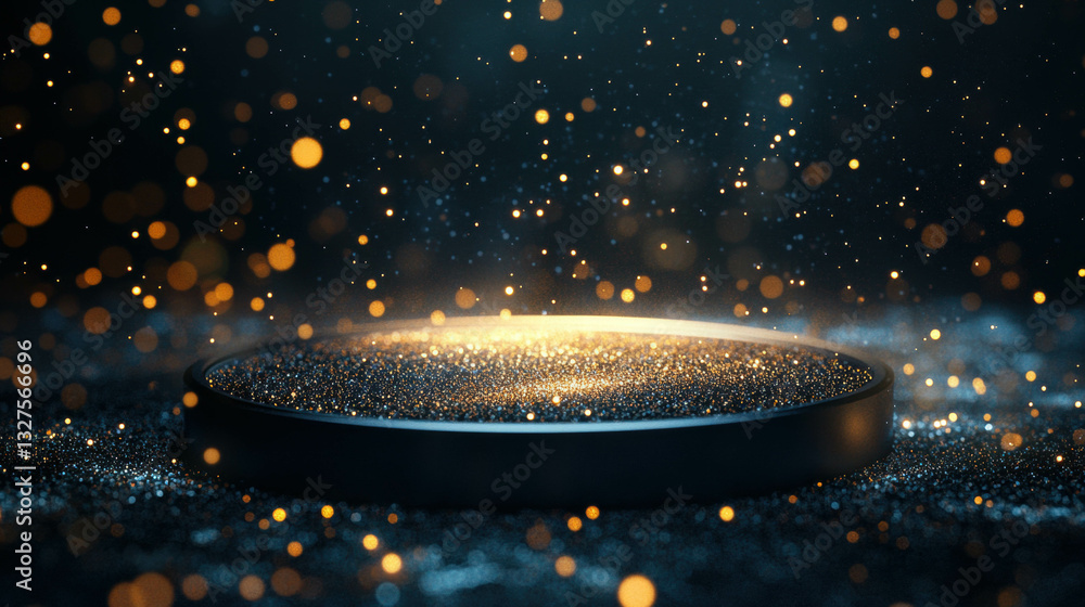 Poster abstract background with illuminated podium and glittering particles for luxurious presentations
