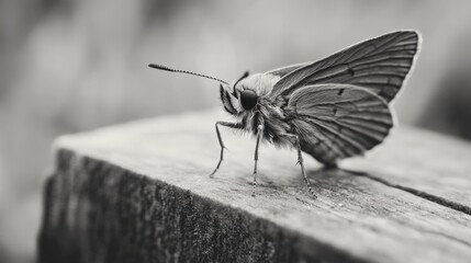 Obraz premium Close-up monochrome shot of a skipper butterfly perched on weathered wood.