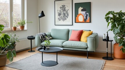 Comfortable living room featuring mint couch artwork plants and natural light