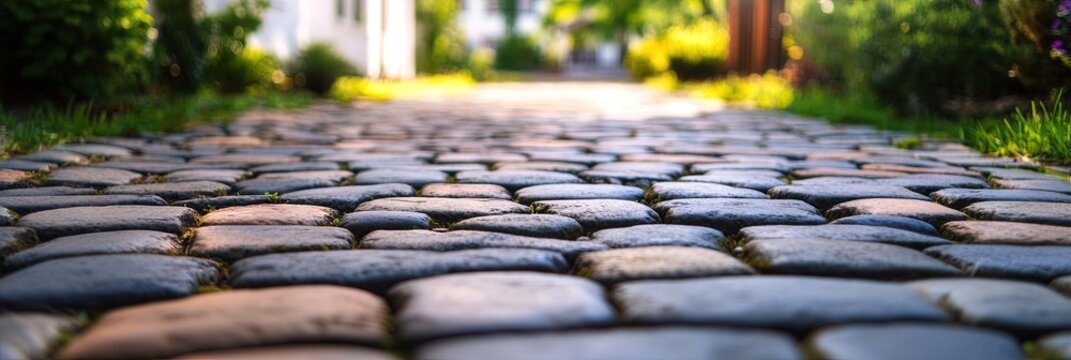 cobblestone walkway in front yard of house - Powered by Adobe